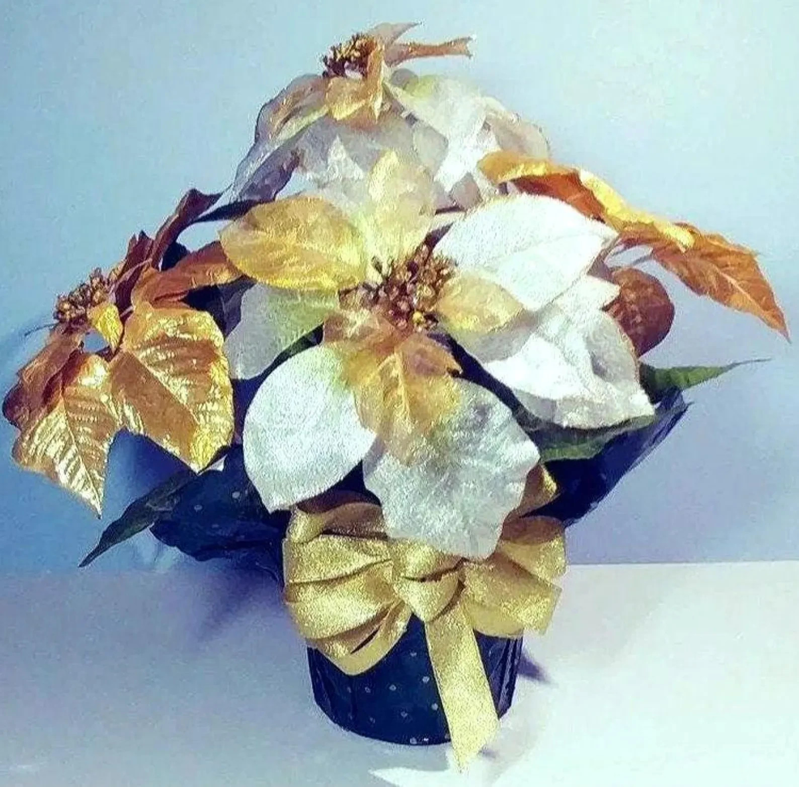 Fuax Potted Silk Poinsettia in Gold, Silver, & White Flowers Floral Centerpiece