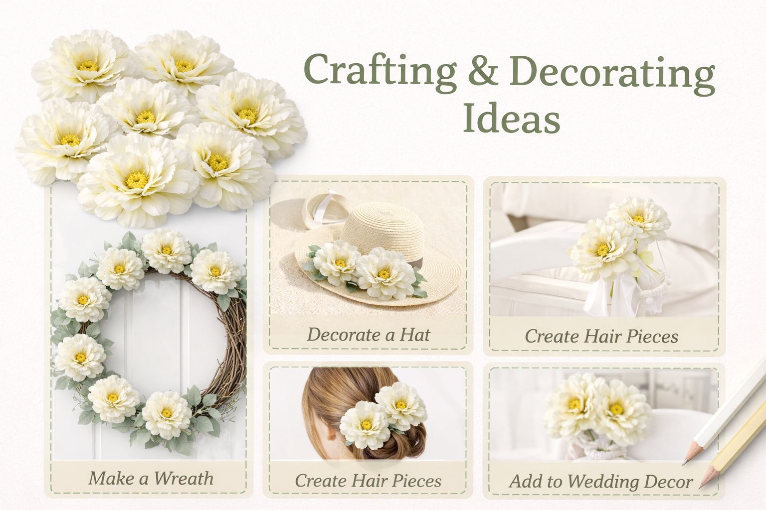 White Peony Flowers Set of 8 Faux Blooms 5 Inch Floral Heads Wired Craft Wreath