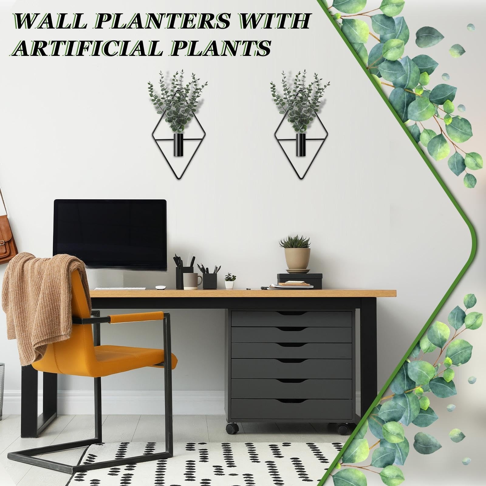 4 Pcs Metal Hanging Planters with Artificial Eucalyptus – Modern Geometric Boho
