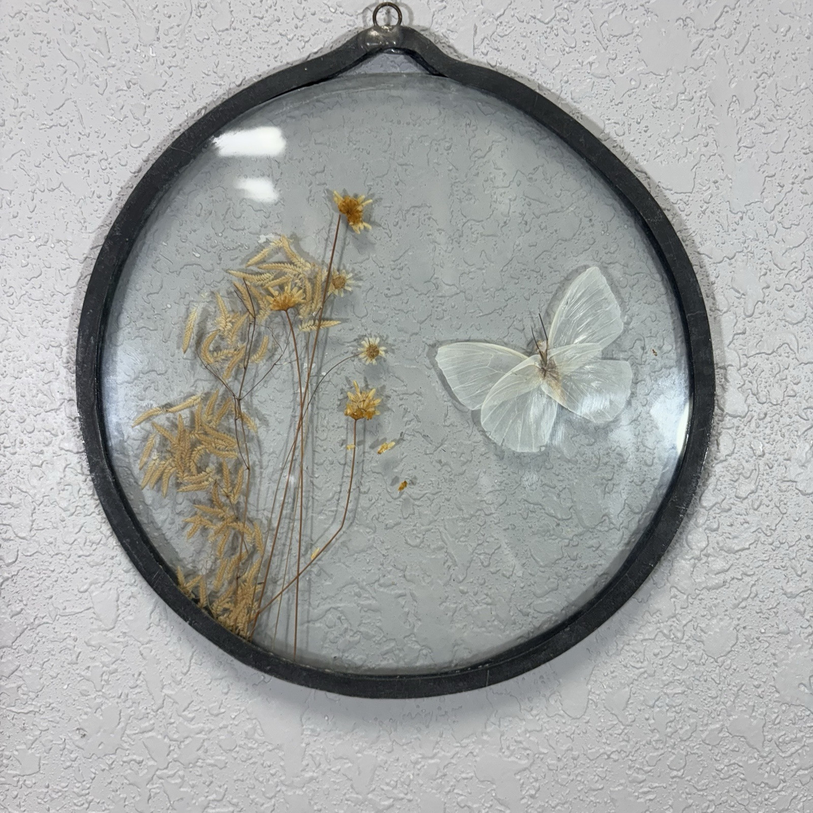 VTG Pressed Flower Butterfly Suncatcher Beveled Glass Decoration Boho Cottage 7”