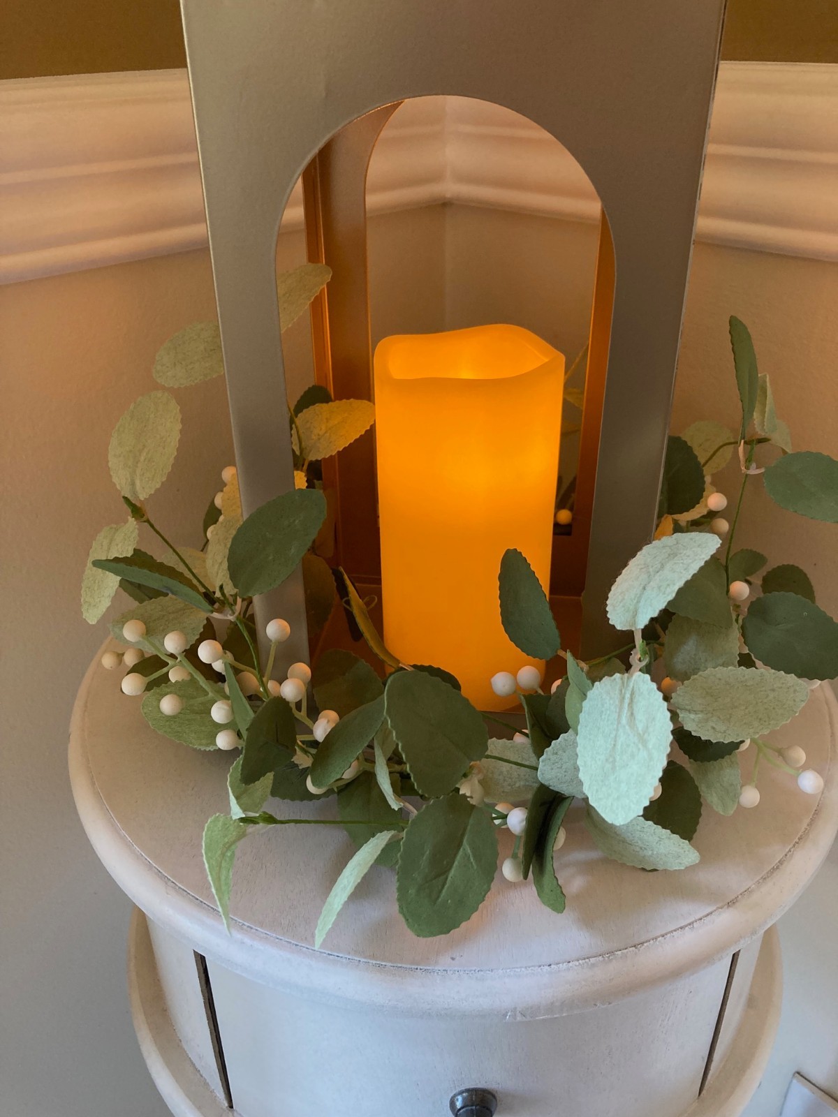 Gold Lantern Centerpiece With LED Candle Faux Greenery With Berries 15″X10″