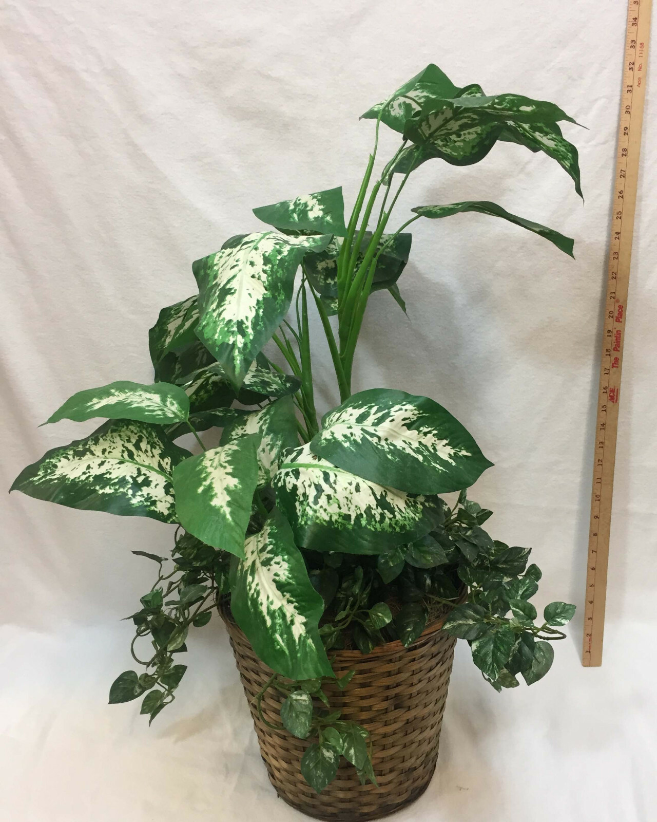 30″ Artificial Dieffenbachia & Ivy Plants Potted Bush Palm In Basket Realistic