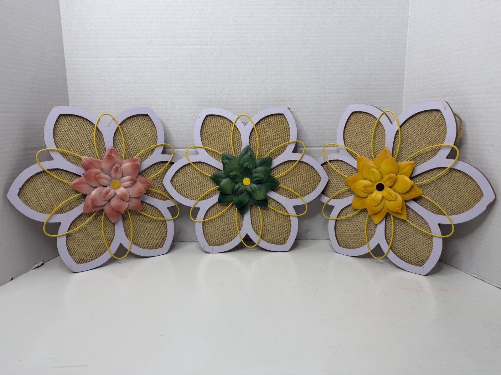 3 Wood Burlap & Metal 3D Flowers Decor Hanging 12” Wall Home Decor Wall Hanger