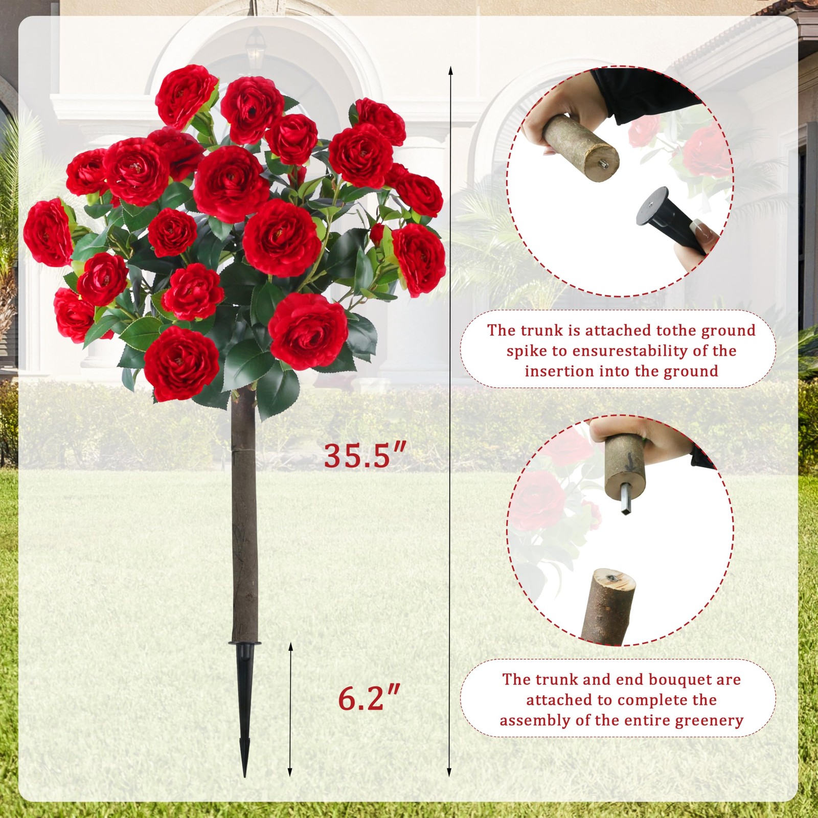 Sunnyglade 35.5″ Set of 2 Artificial Camellia Tree, Faux Red Camellia Flowers…