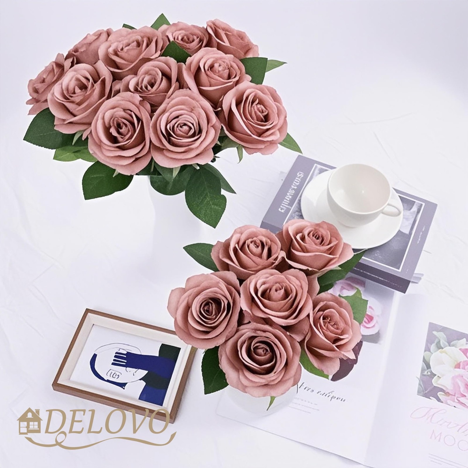 DELOVO 52pcs Dusty Rose Roses Artificial Flowers Fake Flowers Silk Roses with…