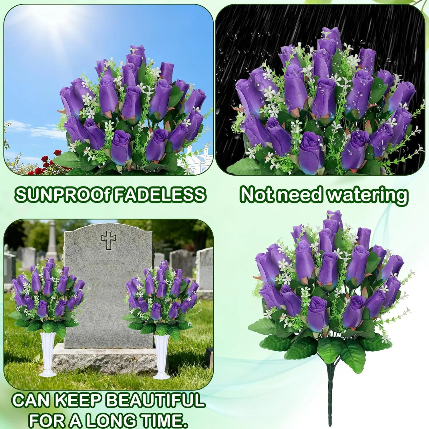 Artificial Cemetery Flowers – Rose Bouquets with Vase for Grave Decoration (P…
