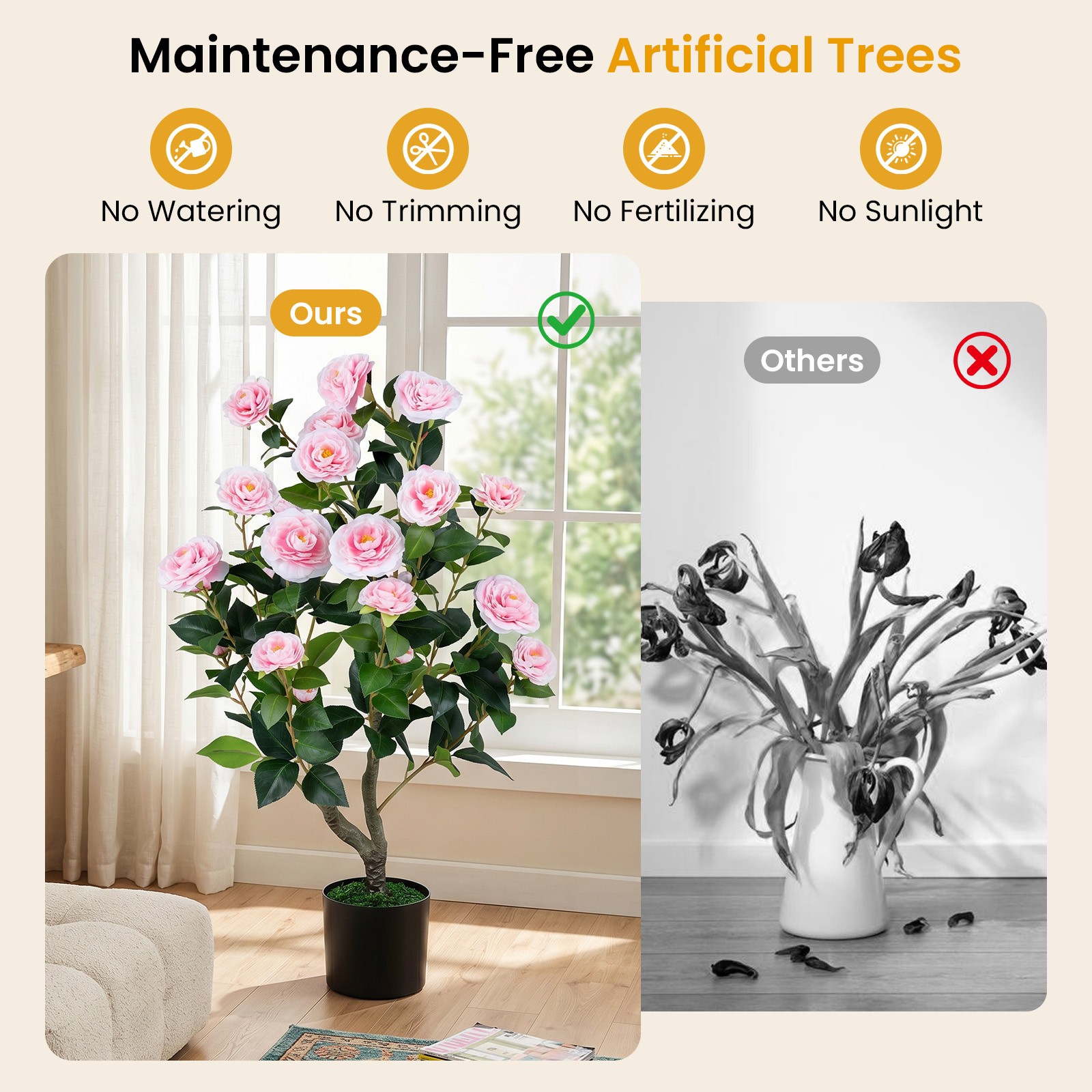Artificial Camellia Tree, Faux Flower Plant in Cement-Filled Pot, Indoor Outdoor