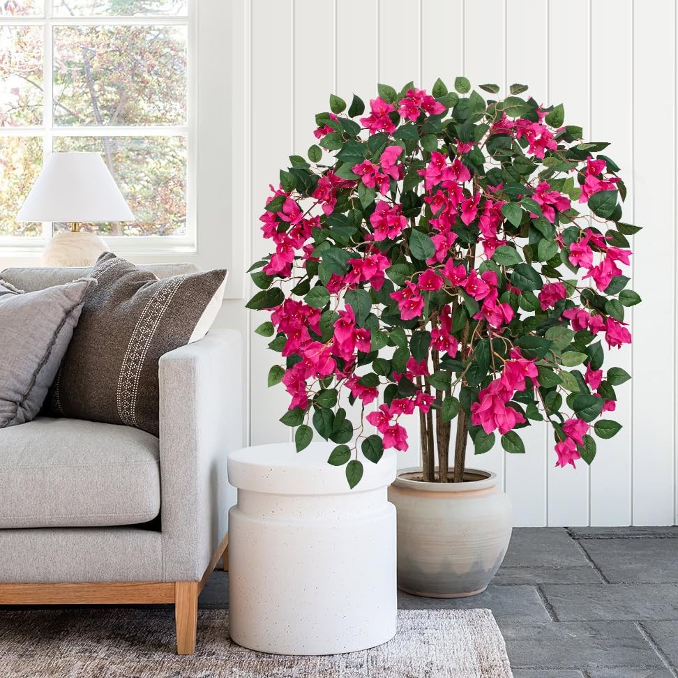 3.94ft Artificial Bougainvillea Tree in White Pot, Hot Pink Large Silk Flower…