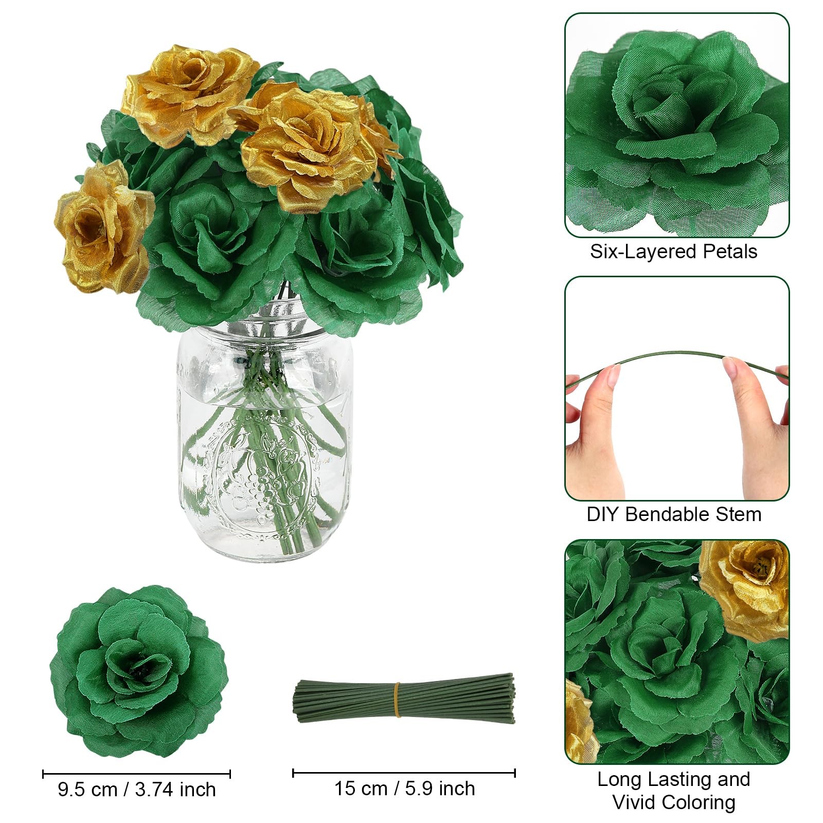 108pcs Roses Head Flowers with Stem – Emerald Green Gold Artificial Flowers R…