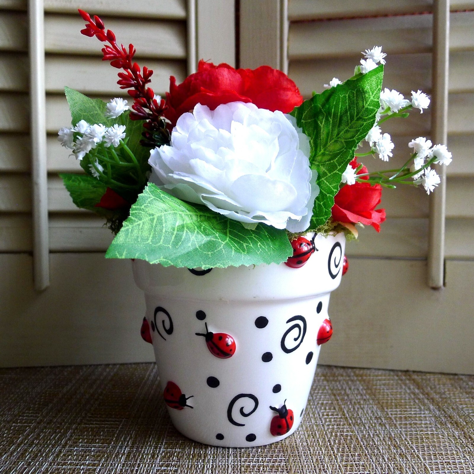 Ladybug Loveliness Flower Arrangement Red and White OOAK Floral Vintage Planter