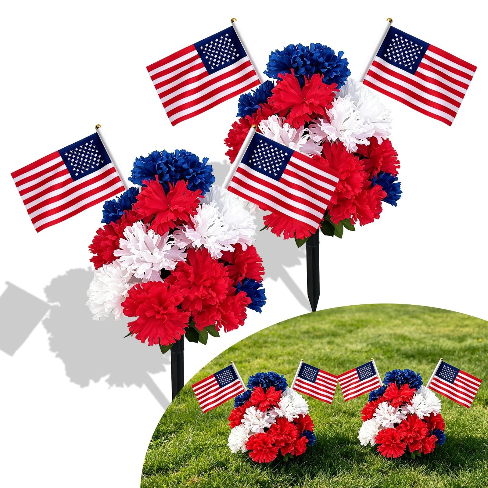 2 Pack 20″ Patriotic Red White Blue Artificial Flowers with Ground Stakes | UV R