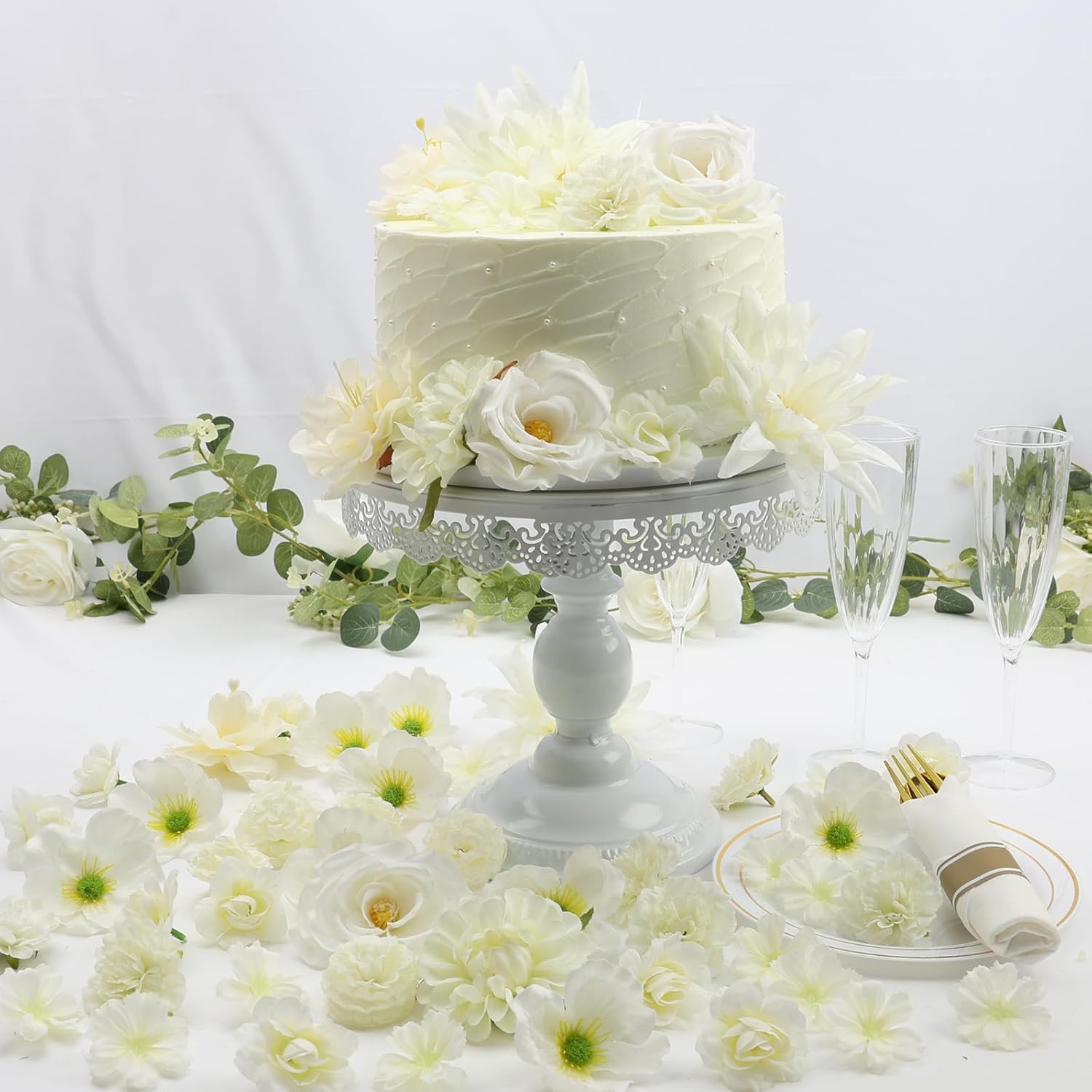 56 PCS Artificial Flower Heads White Bulk Fake Rose Peony Hydrangea Faux Flowers
