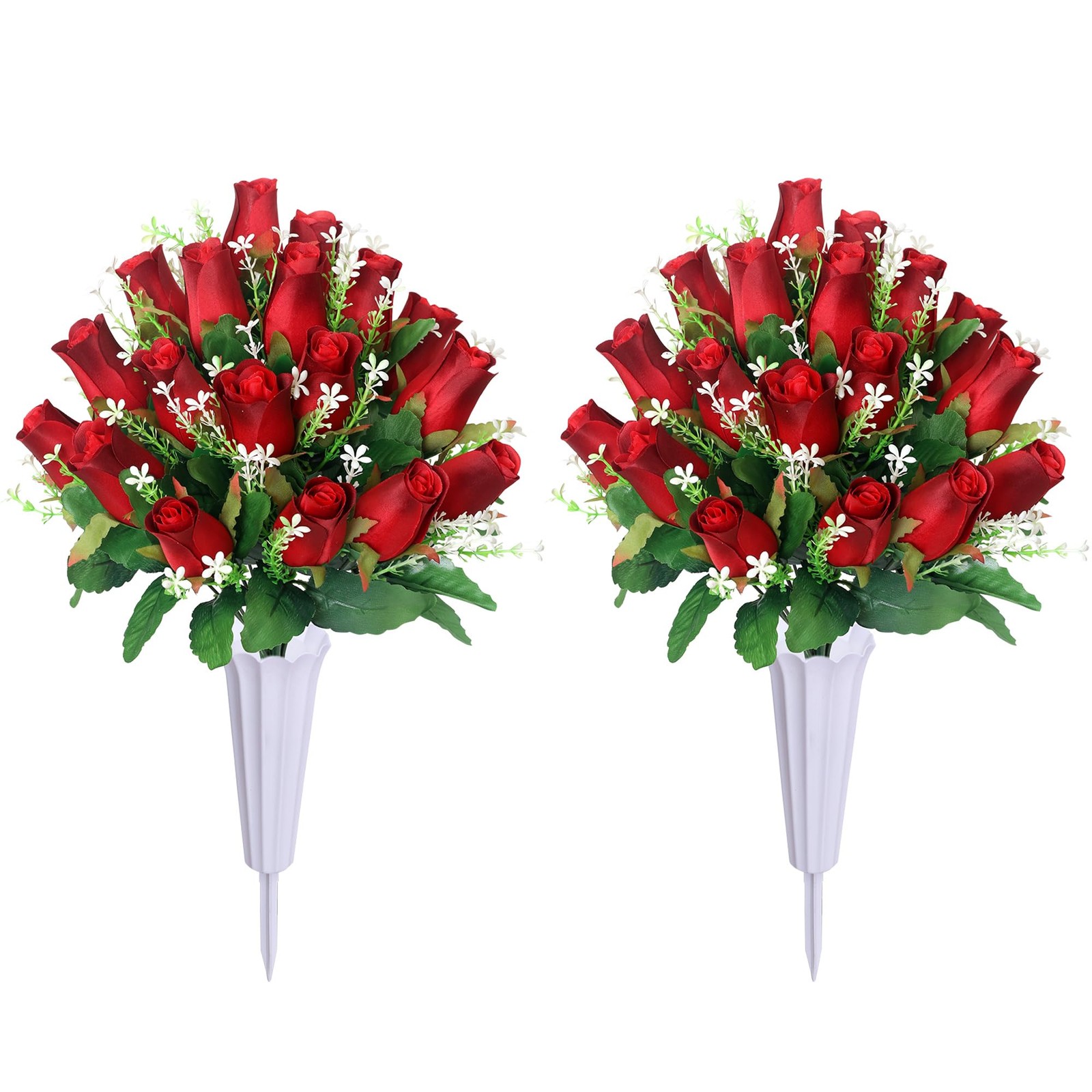 Artificial Cemetery Flowers,Set of 2 Grave Decorations Roses, Tombstone Memorial