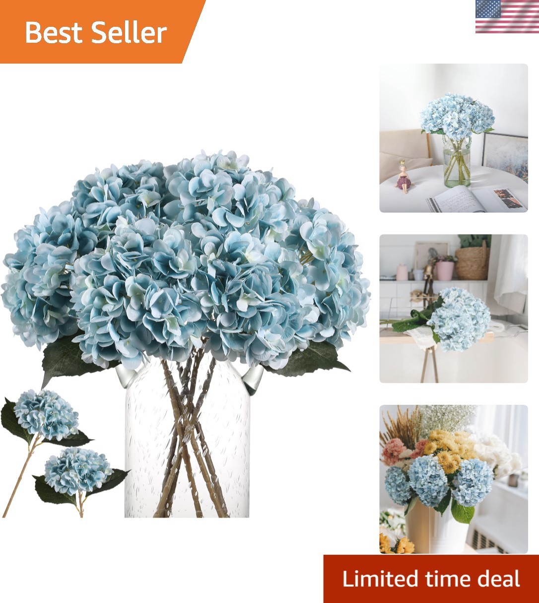 Charming Blue Silk Hydrangea Flowers – 6pcs Set for Elegant Floral Arrangements
