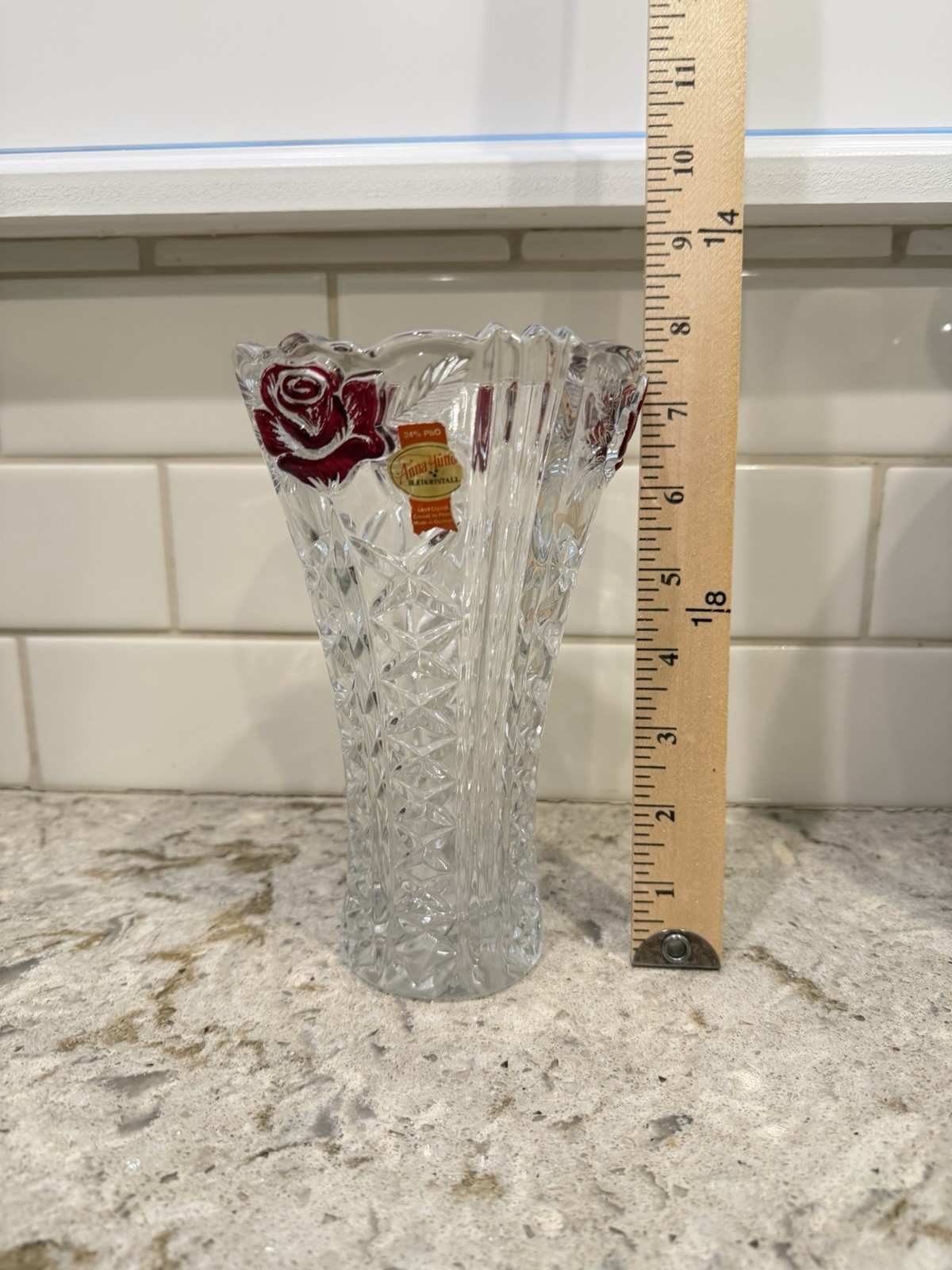 Anna Hutte Bleikristall Lead Crystal Clear /redVase 24% BPO 7.5” Made in Germany