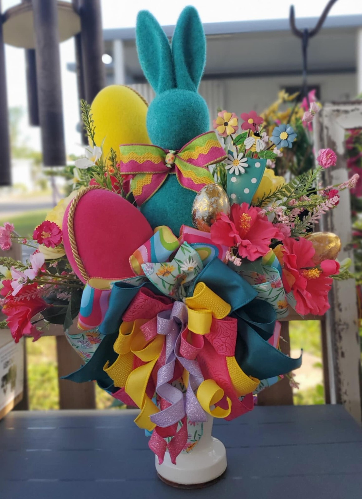 Large 25″ Bright Hot Pink Teal Yellow Bunny Spring Easter Pedestal Floral Decor