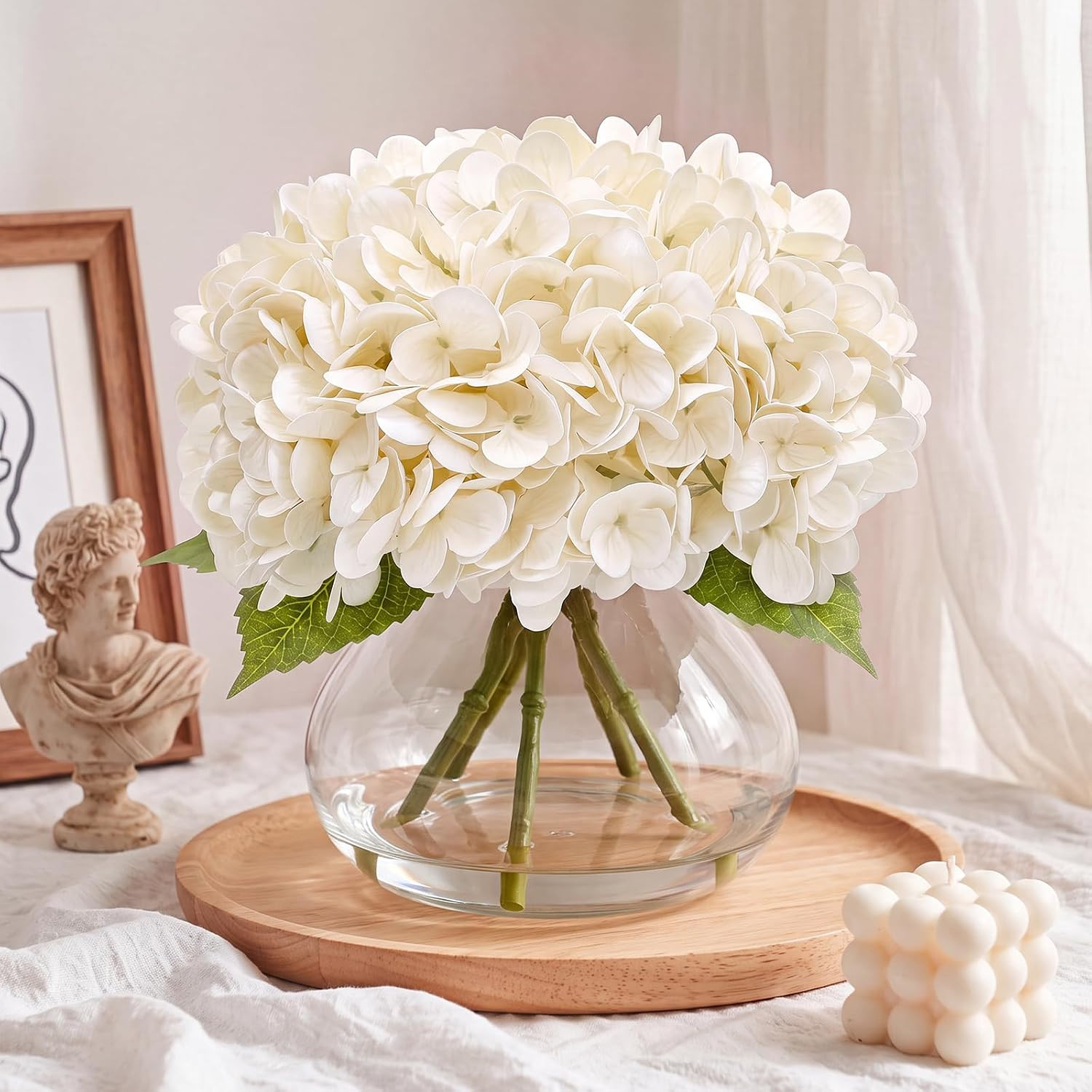 Realistic White Hydrangea Artificial Flowers with Vase for Home Decor