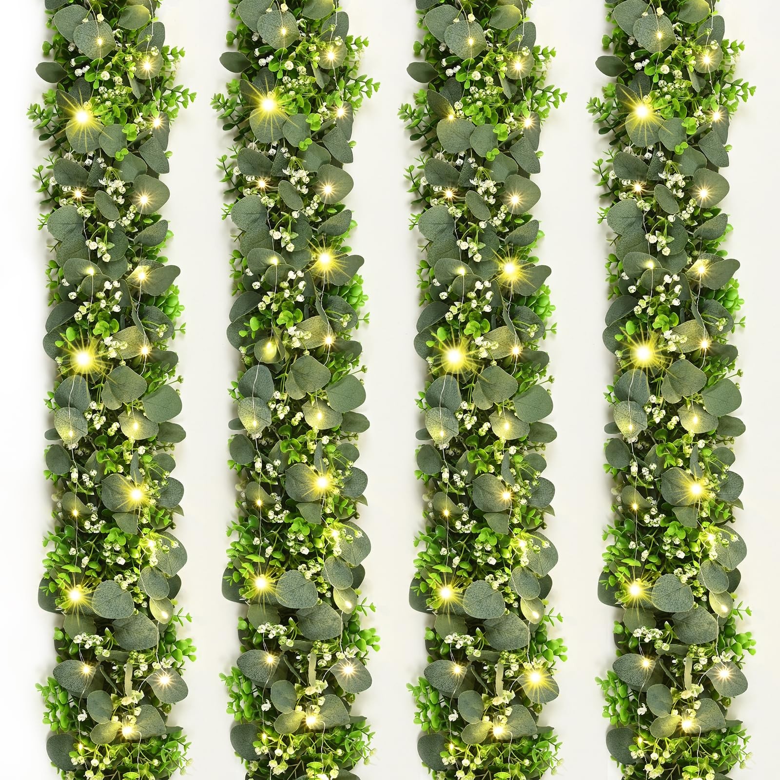 4Pcs Eucalyptus Garland with Lights, Greenery Garland, Green Garland with Flo…