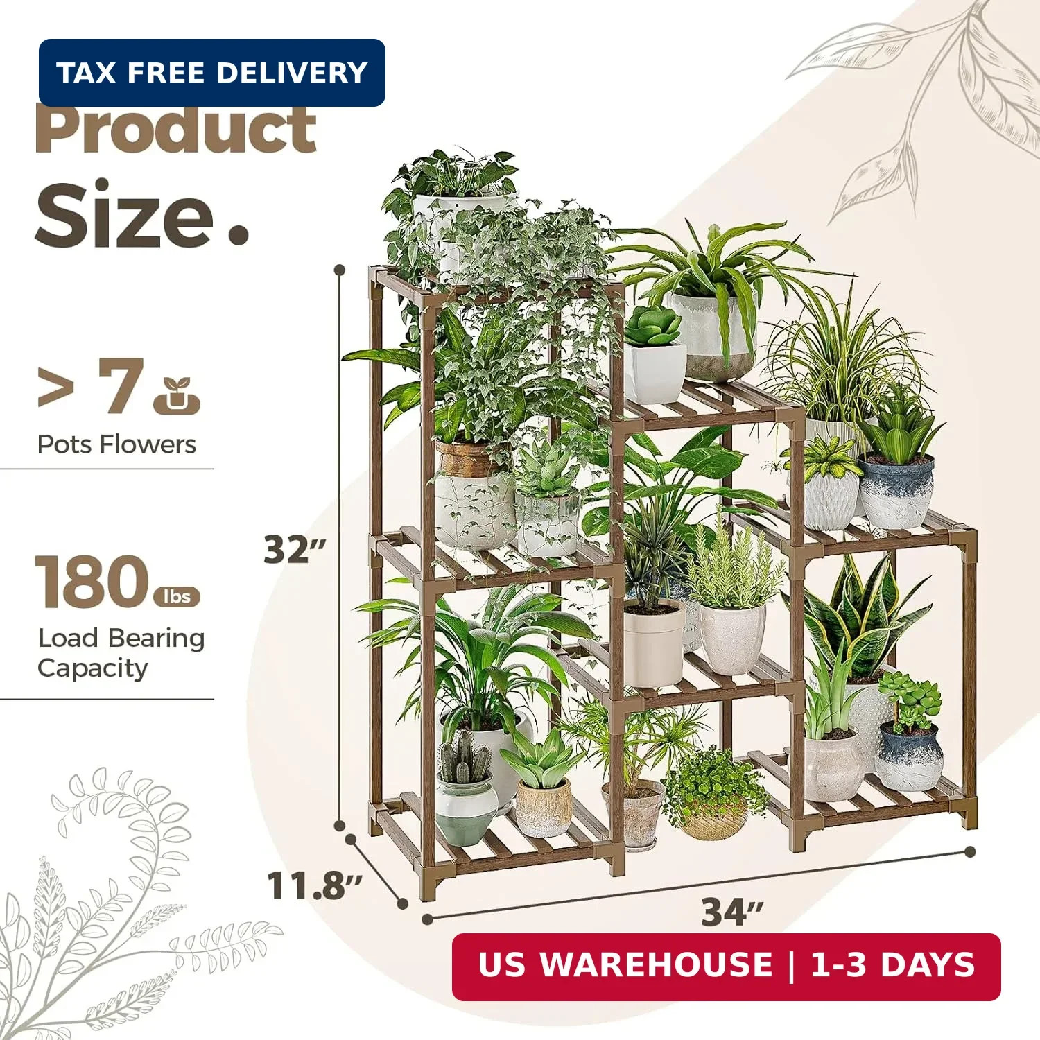 Bamworld Plant Stand Indoor Plant Shelf Outdoor Wood Plant Rack for Multiple Pla