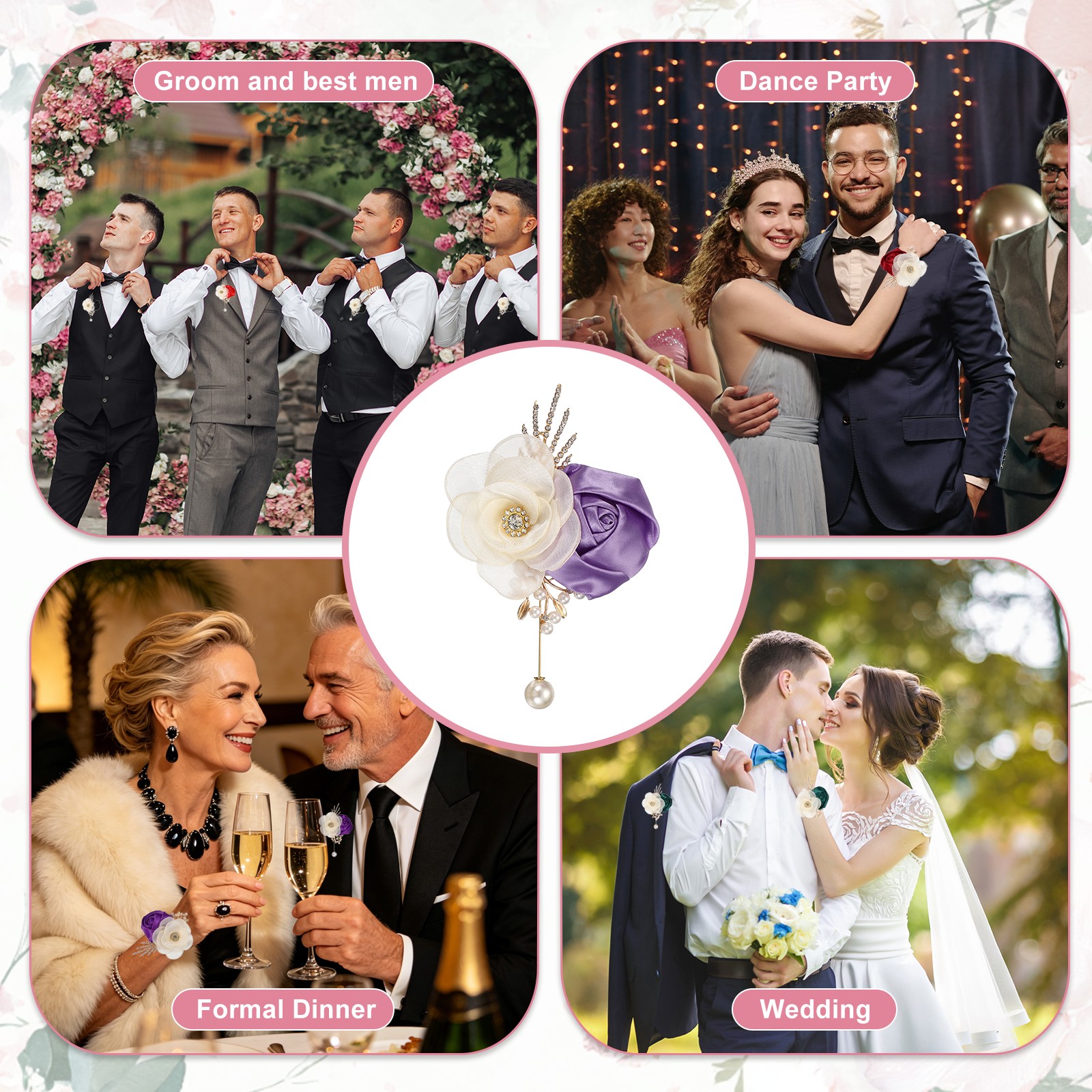 Rose Boutonnieres for Men, 6Pcs Mens Boutonnieres Lapel Flower, Light Purple