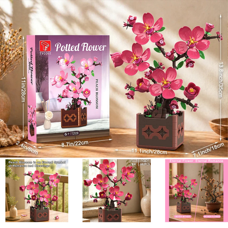 Pink Peach Blossom Potted Plant Building Block Set Diy Flower Model Decoration