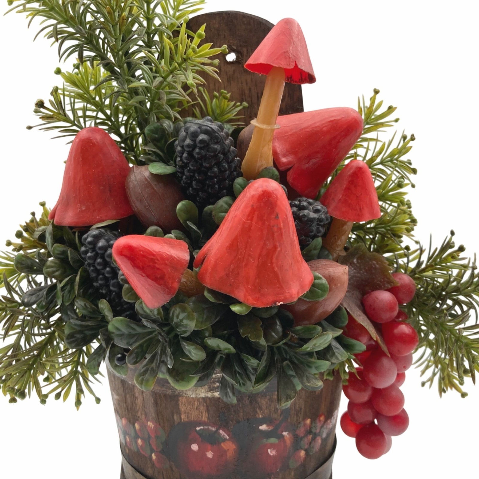 Vintage KIM ORIGINALS Faux Floral Arrangement Wall Decor Mushrooms Wood Basket