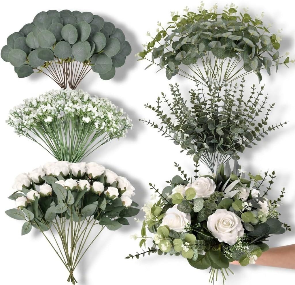 Artificial Eucalyptus & White Roses – 110 Pcs for Wedding Decor & Bouquets