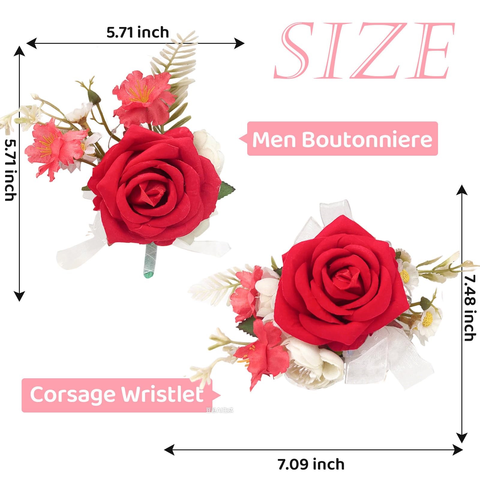 Red Artificial Rose Wrist Corsage, Boutonniere Set for Wedding, Prom Party 2 PCS