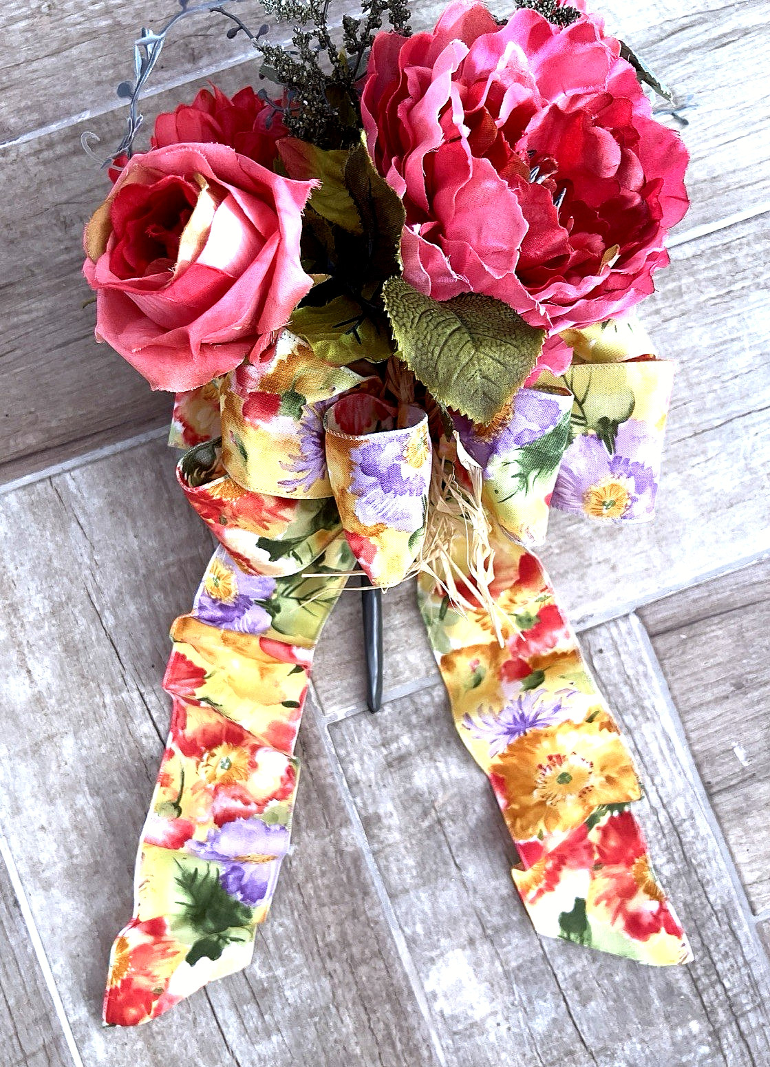 SPRING Flower BOUQUET Handmade Bow Coral Red Yellow Purple Peony Rose Zinnia