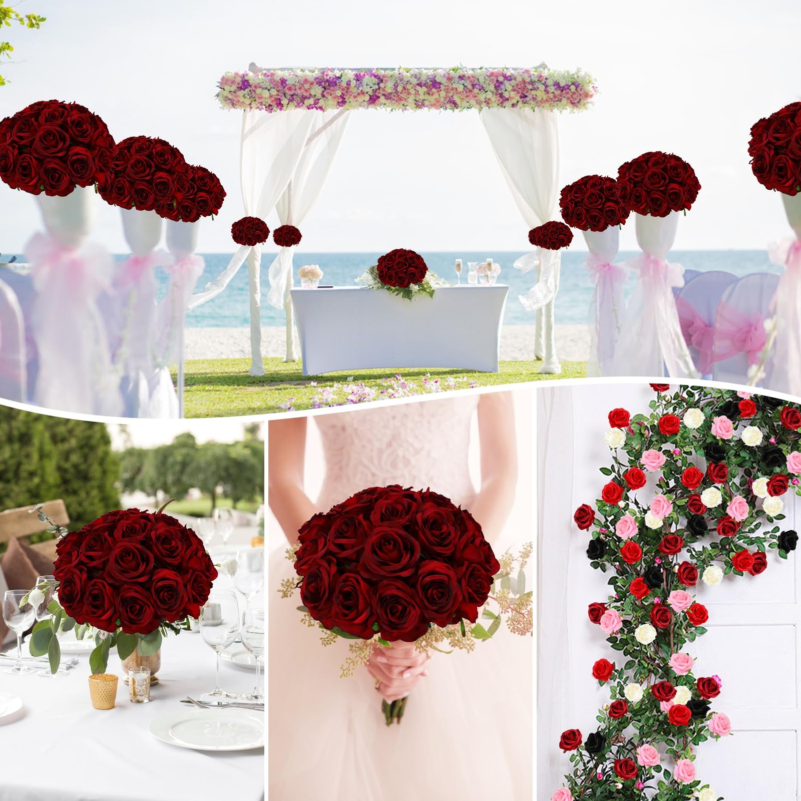 50pcs Artificial Burgundy Roses Bulk, Fake Red Roses Flower with Stems Realis…