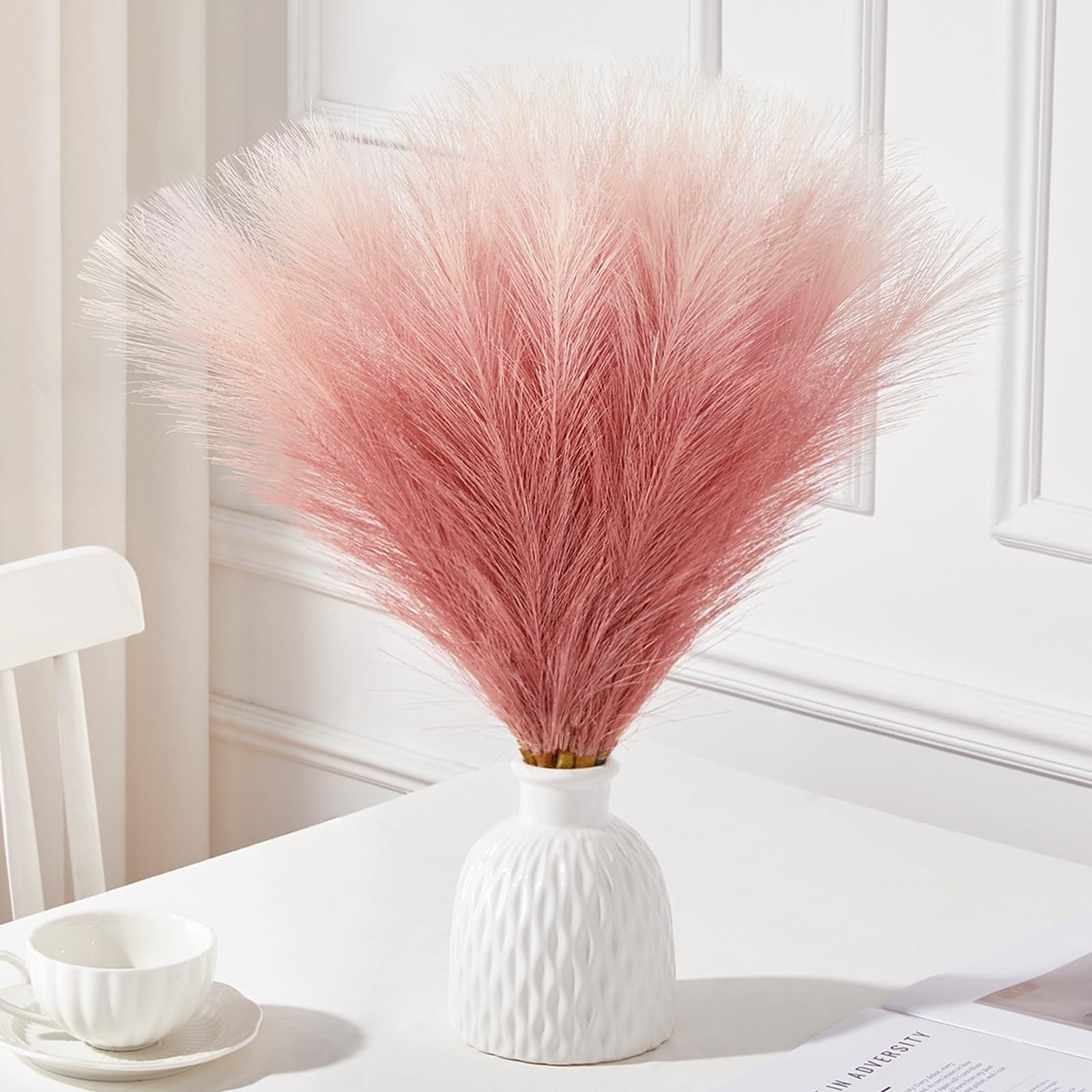 6 PCS Gradient Pink Pampas Grass Decor 17.7 Inch Artificial Fluffy Decor