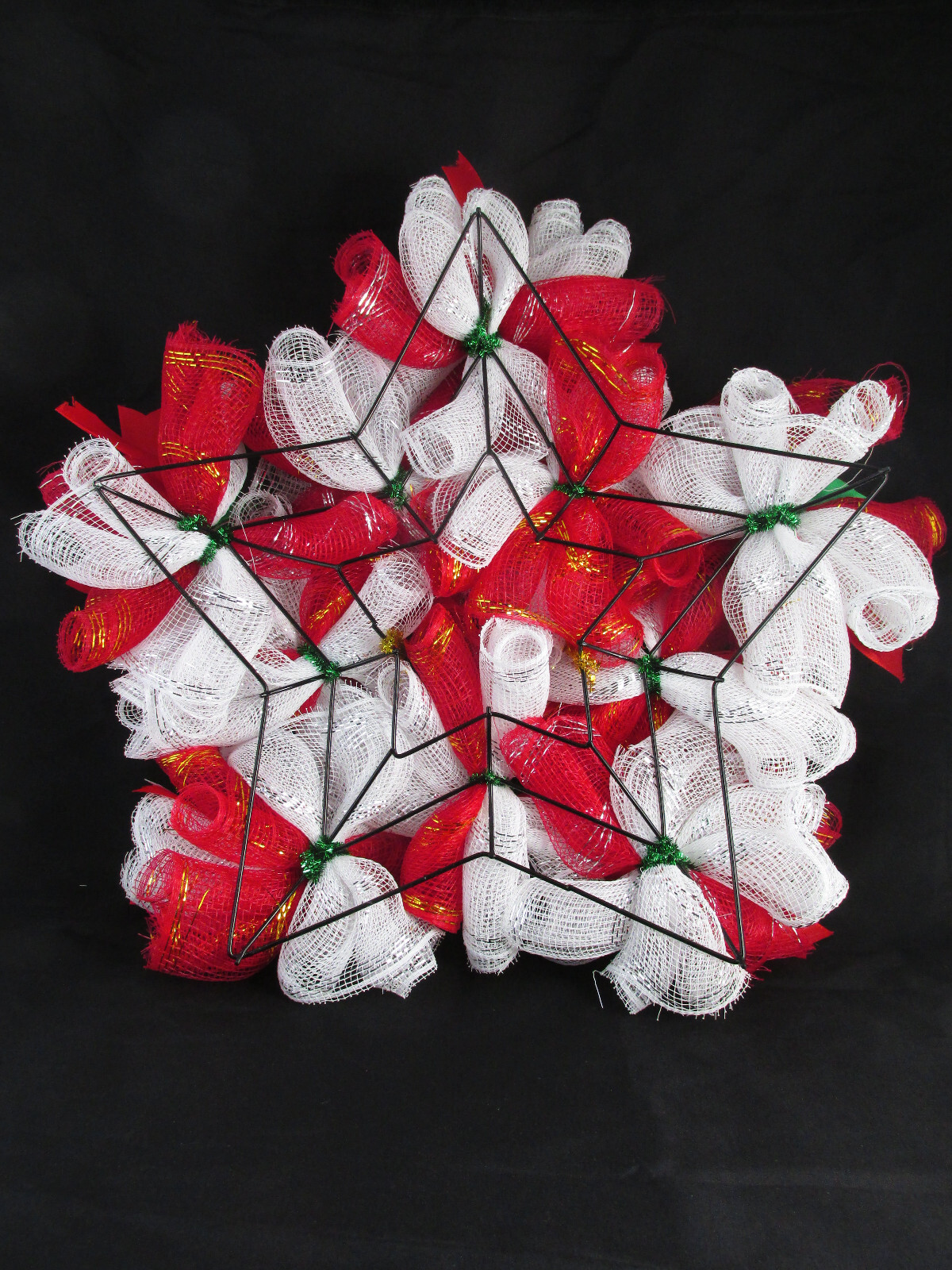 Red, White, and Green Woodland Cruffle Christmas Star Deco Mesh Wreath