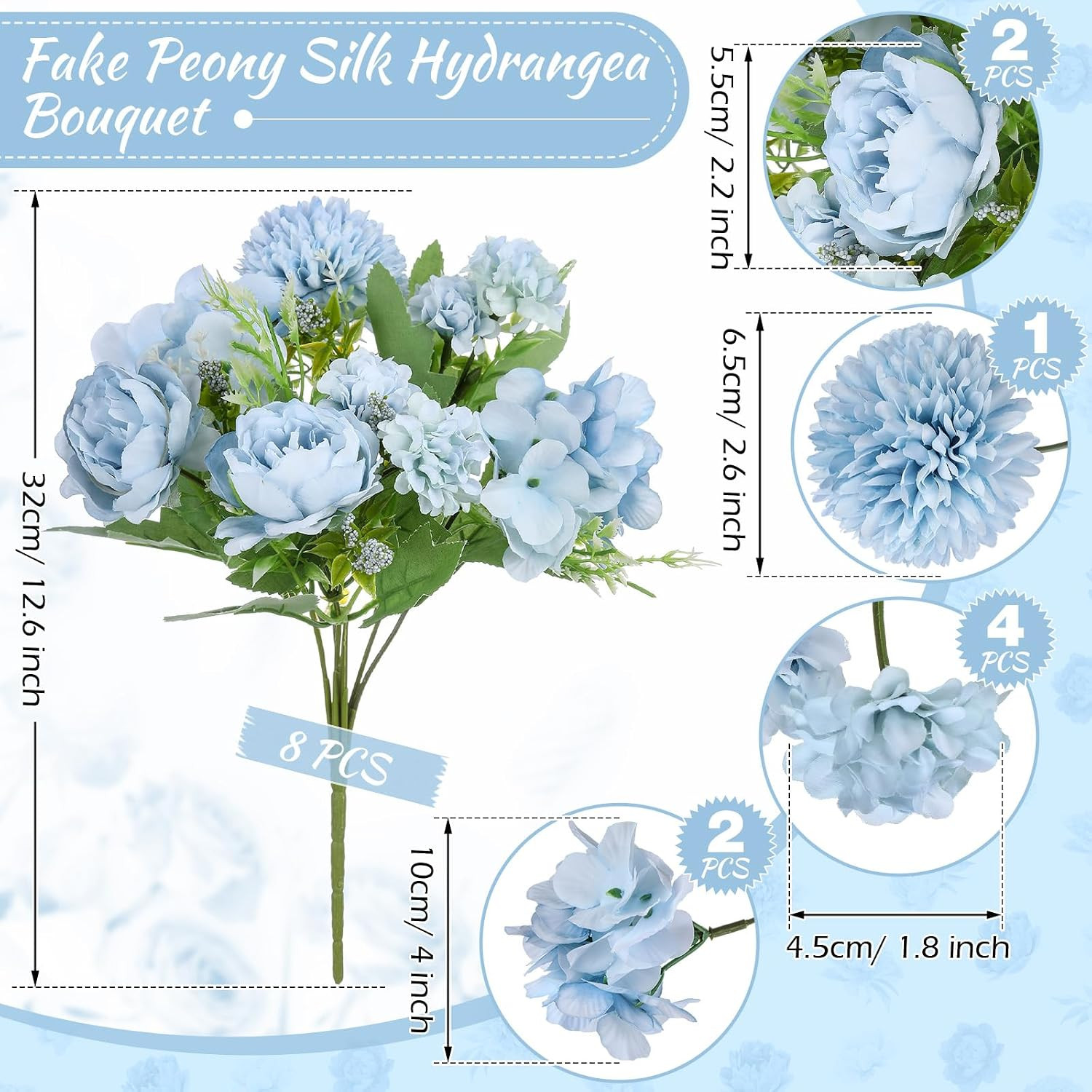 Realistic Silk Peony Hydrangea Bouquet – 8 Pcs Blue Faux Flowers for Decor