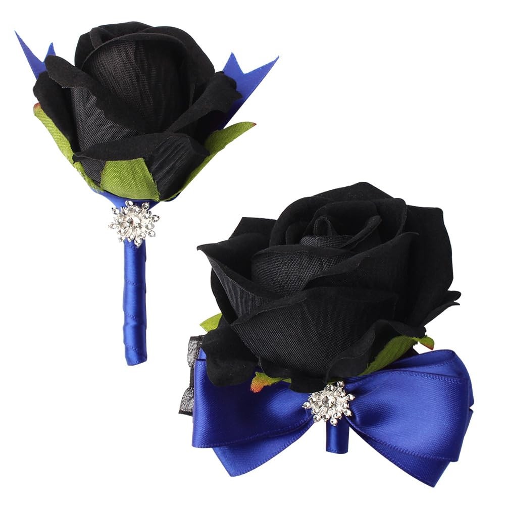 2 PCS Blue Black Rose Wrist Corsage Boutonniere Set Prom Party Homecoming