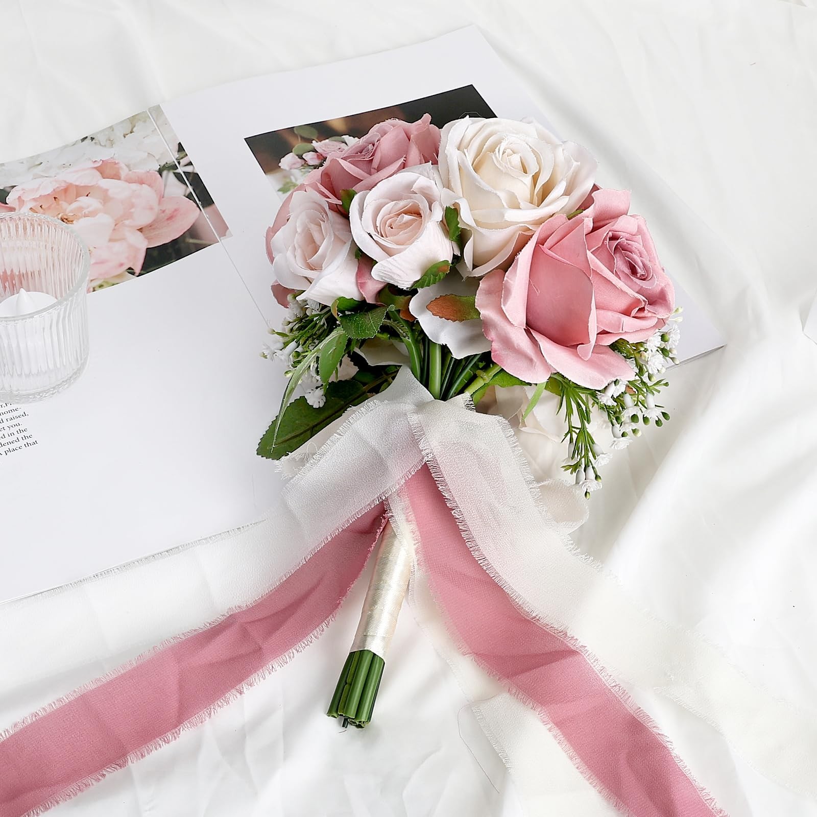 Dusty Pink White Premade Artificial Roses Wedding Bouquet Bridal Ceremony Decor