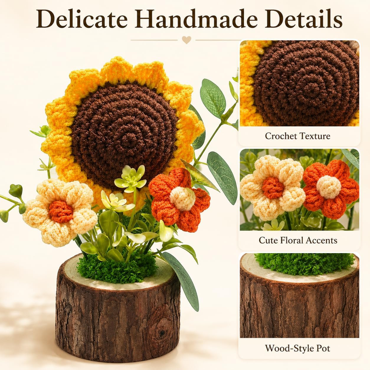 Handmade Crochet Knitted Sunflower Bouquet Creative Knitted Potted Plant Mini Cu