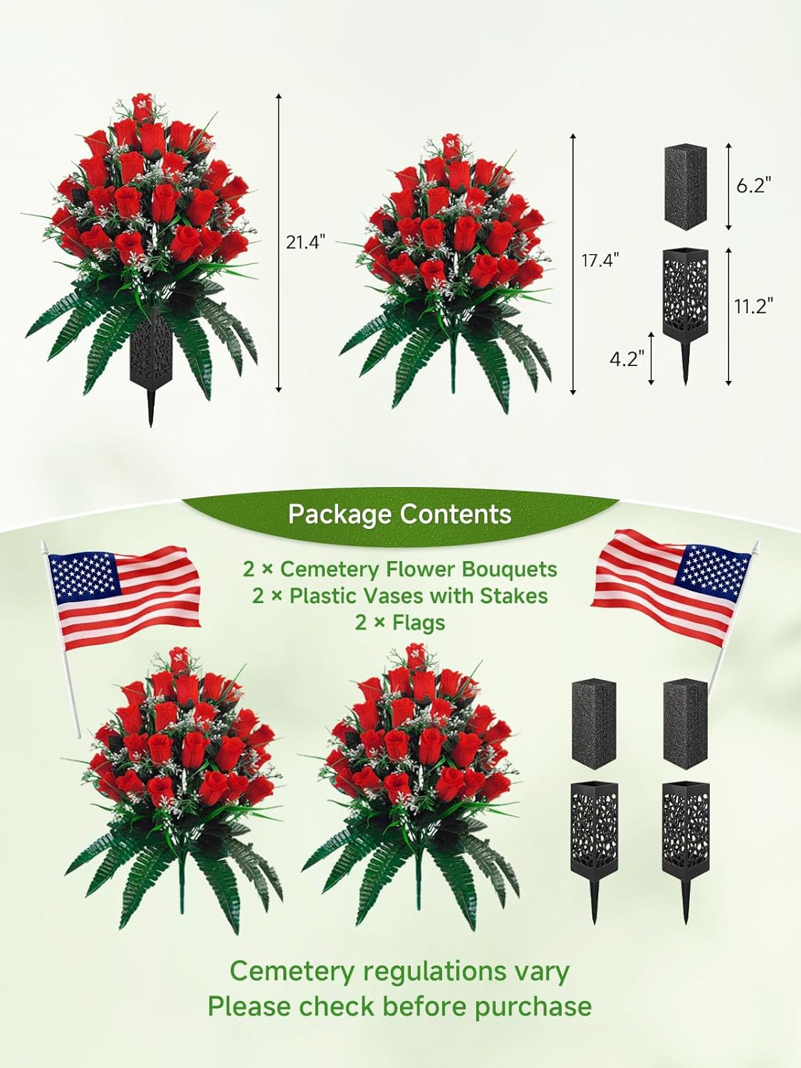 Set of 2 Cemetery Flowers for Grave with Spiked Vases, 24-Stem Red Artificial Ro