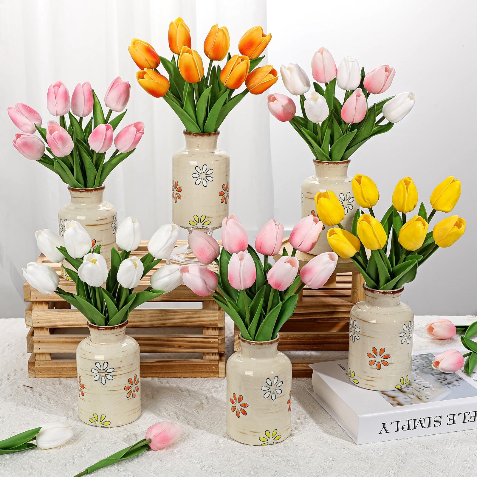 10.6in Artificial Orange Tulips with Ceramic Vase, Real Touch Faux Tulips Flo…