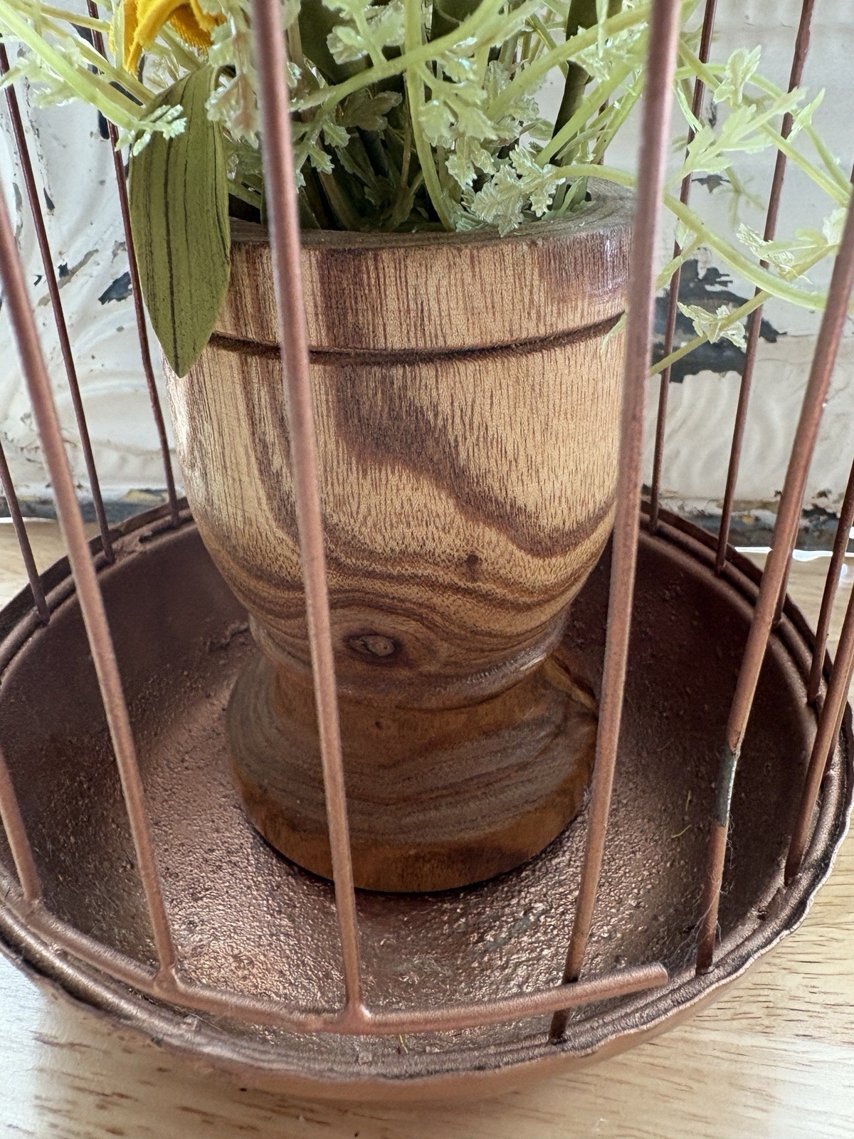 Decorative metal bird cage with wooden pedestal and faux florals #B5