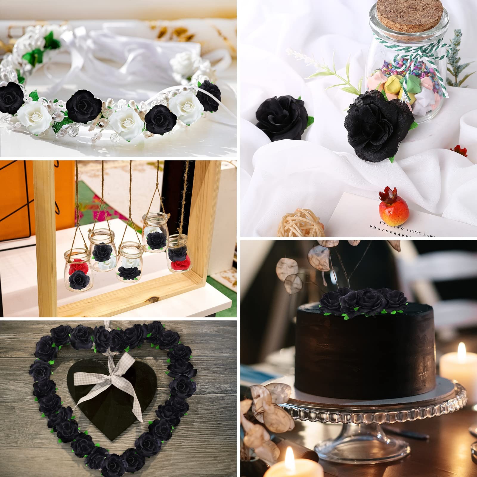 50 Pcs Mini Black Silk Artificial Real Touch Fake Rose Flower Heads 1.57 Inch