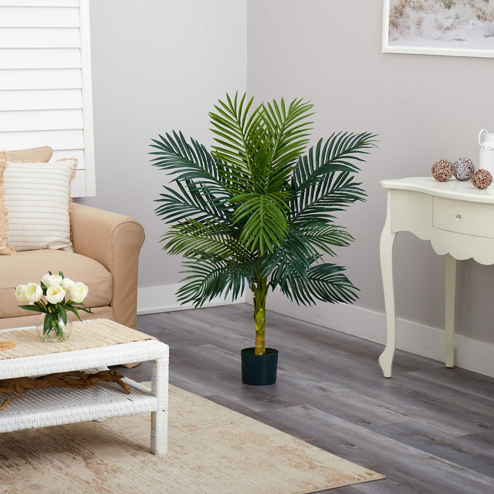 4ft Double Stalk Golden Cane Palm – Realistic Faux Plant, Indoor Tropical Decor,
