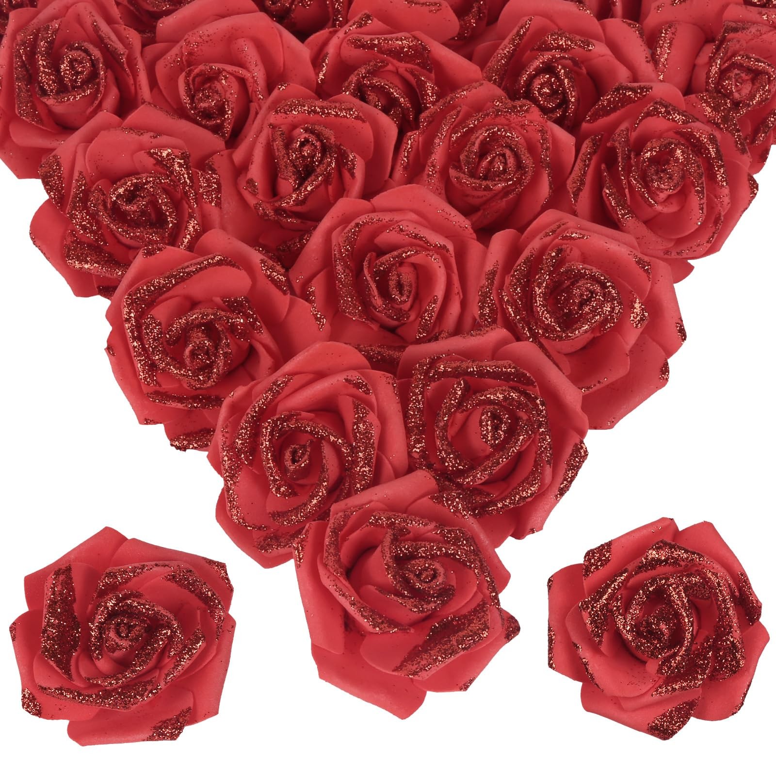 100 PCS 2.56″ Red Glitter Roses Artificial Foam Fake Flowers Bridal Shower