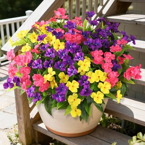 Artificial Impatiens Flowers for Outdoors, 6 Bundles Purple,yellow,pink