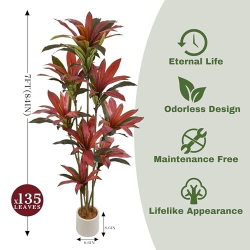 Tall 7ft Faux Dracaena Tree Artificial Red Leaves Plant