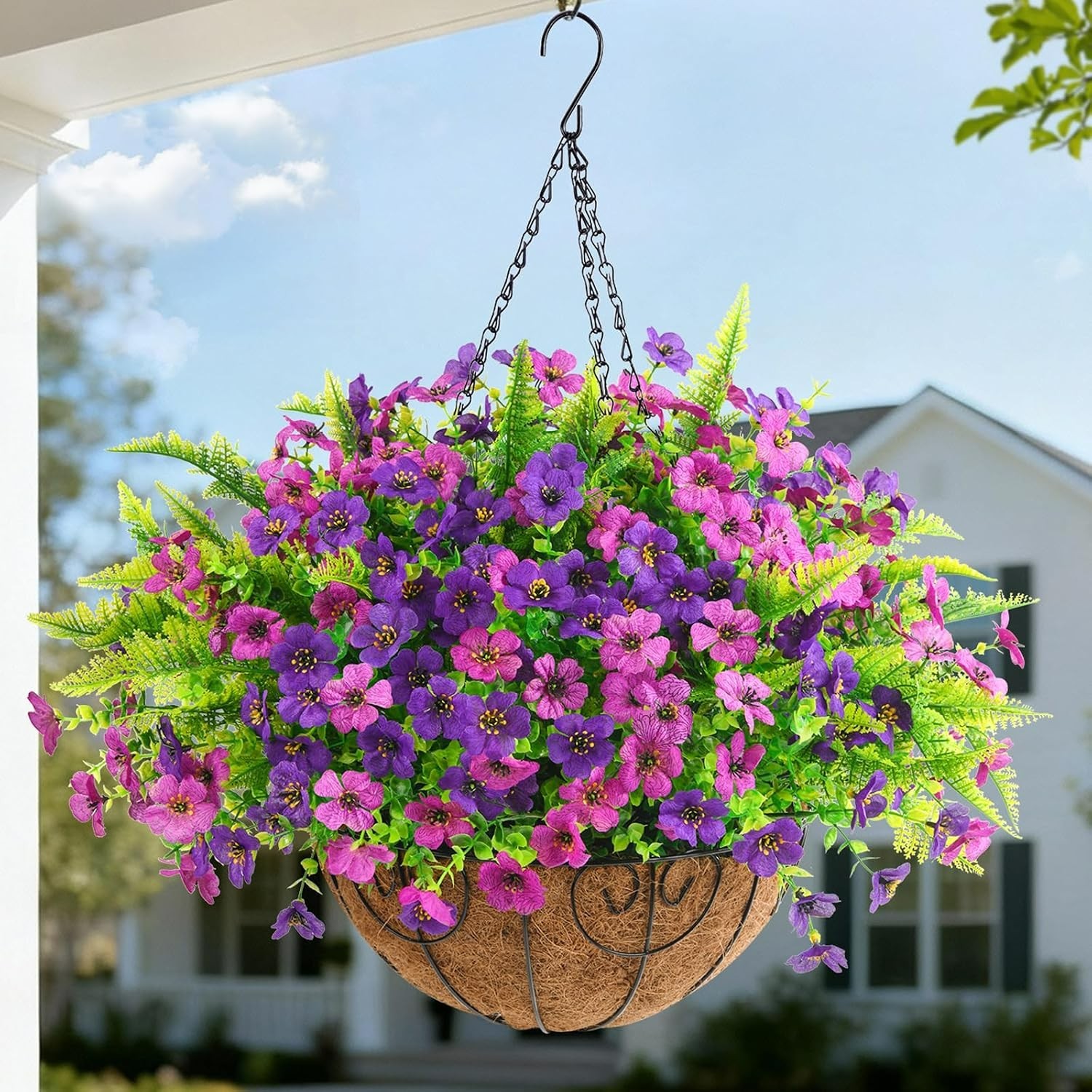 Multicolor Artificial Flower Hanging Basket – 12 Bundles with Ferns, Easy Decor