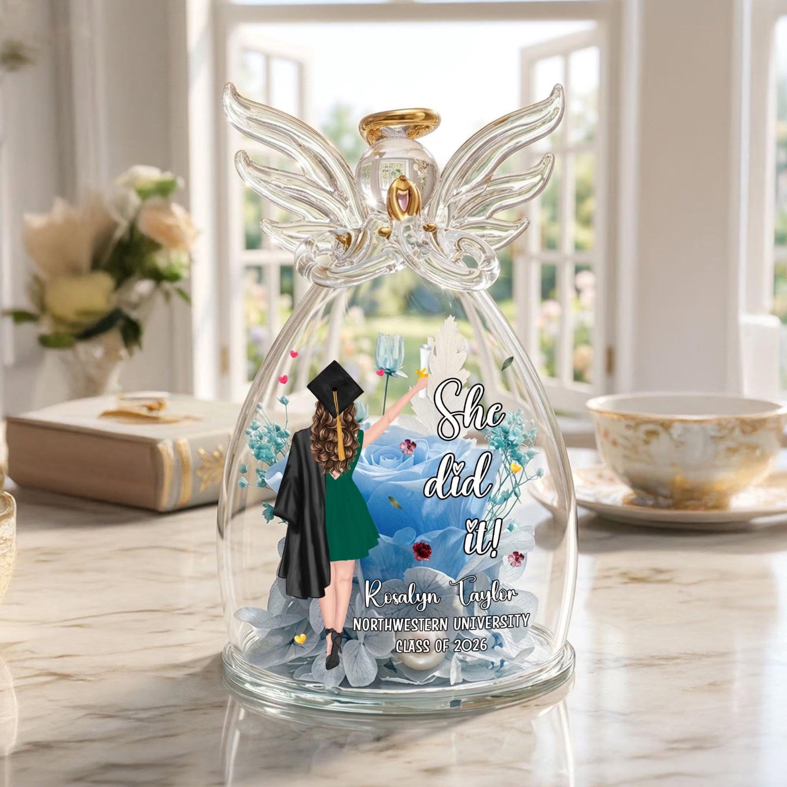 Custom Graduation Rose Angel Dome, Personalized Class of 2026 Gift, Glass Flower
