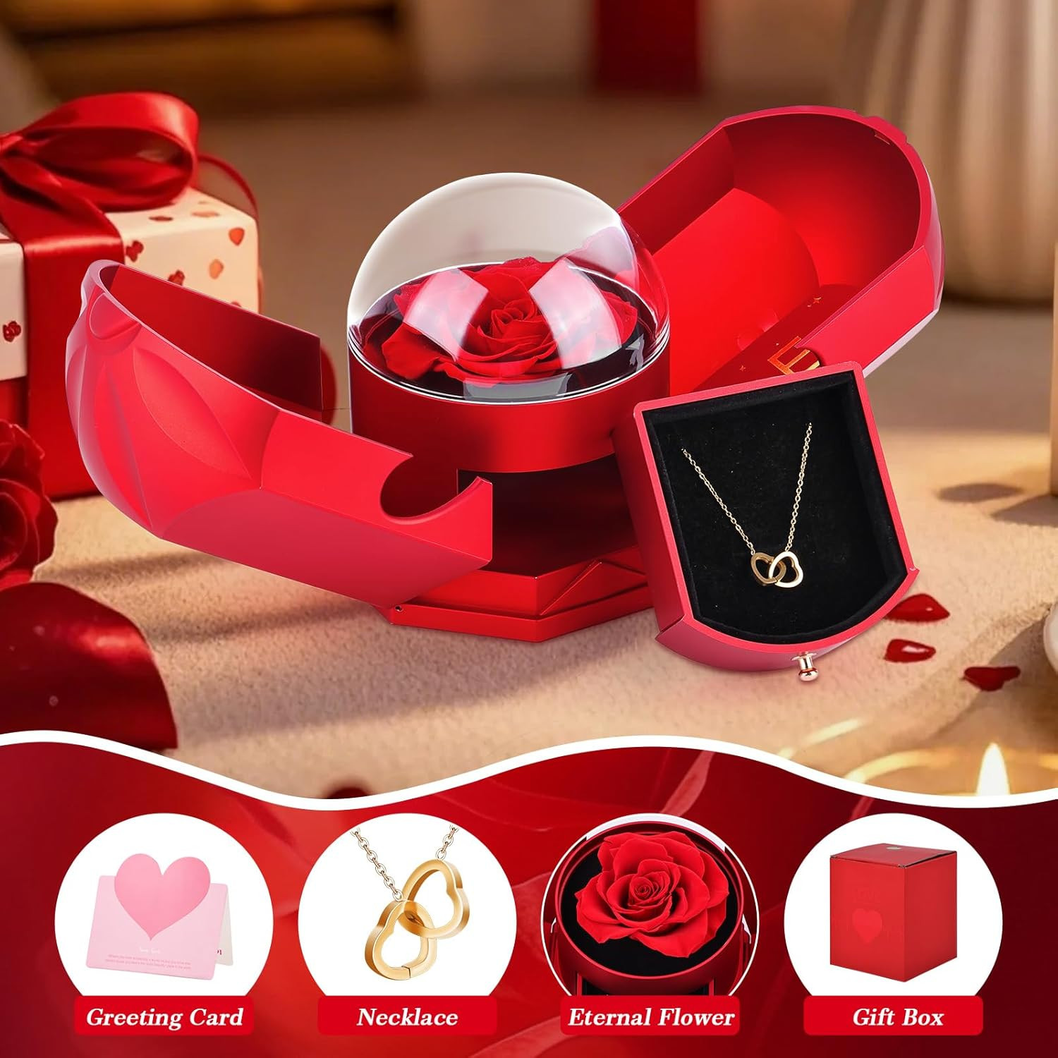 Preserved Red Real Ros Heart Necklace Eternal Rose Gifts Valentines Mothers Day