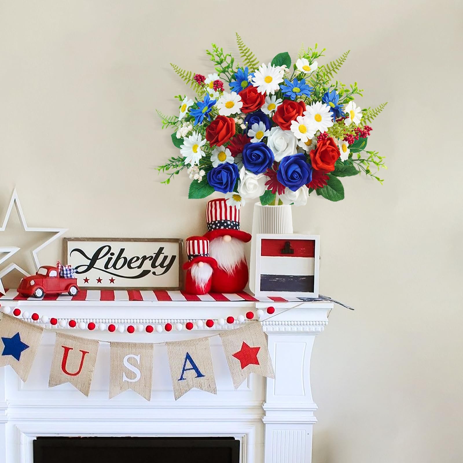 4 Bundles Patriotic Artificial Flowers 4th Of July Red White Blue Silk Rose