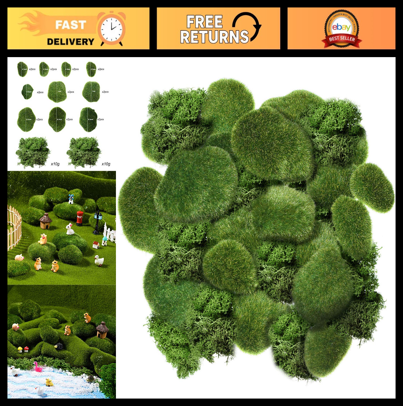 80 Pcs Assorted Faux Moss Rocks & Green Stones for Floral Arrangements & Crafts