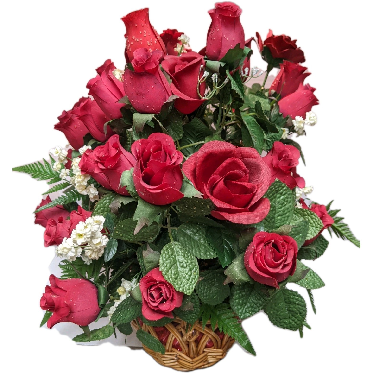 Genuine Silk Roses Large Artificial Floral Basket Arrangement Fake Flowers Red